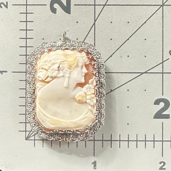 Antique Edwardian 1900s solid 14kt white gold carved shell cameo brooch pendant - Picture 10 of 10